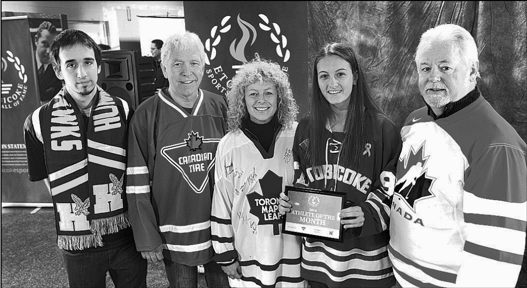 The Athlete of the Month is Rachel Colle (second from right) seen with sponsors (l/r) Joe De Gregorio of Humber College, Ted Mangnall, owner of Canadian Tire Queensway, Joanne Noble, chair of Etobicoke Sports Hall of Fame, and Warren Elder, regional director of advertising for Metroland Media Toronto.